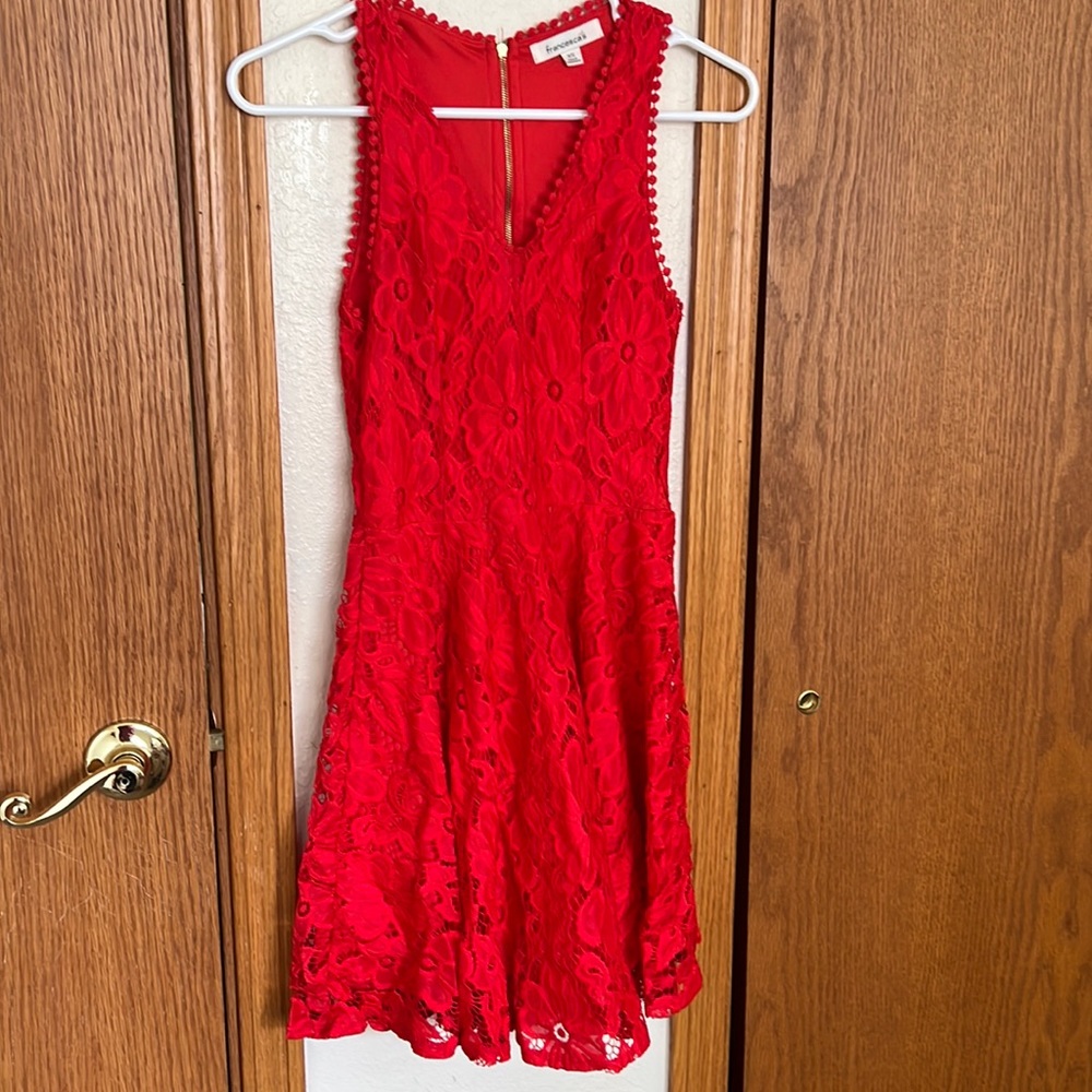 Womens xs red dress, above the knee, lacy overlay, sleeveless